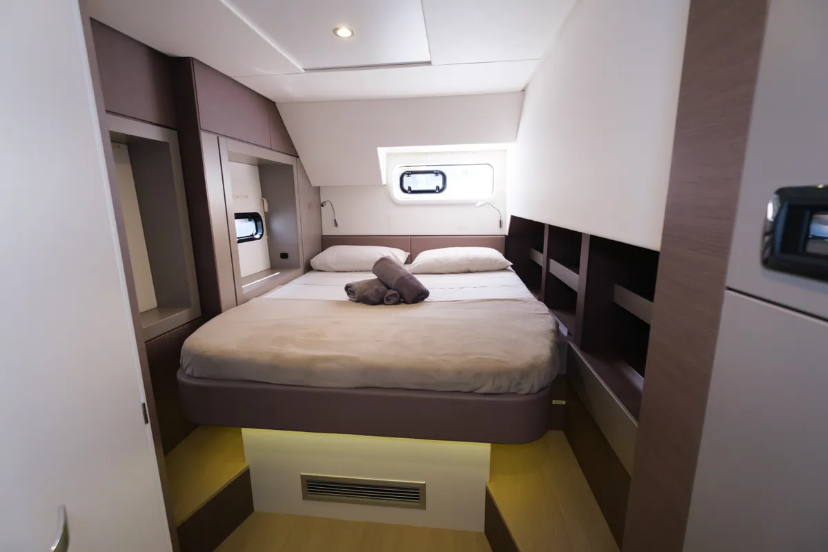 Cabin on Migaloo, a Bali 4.6 catamaran at Capo d'Orlando, Italy