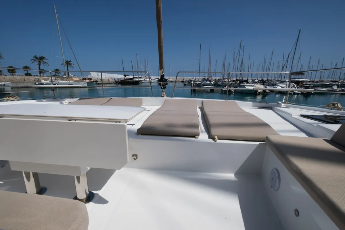 Deck of Migaloo, a Bali 4.6 catamaran at Capo d'Orlando, Italy