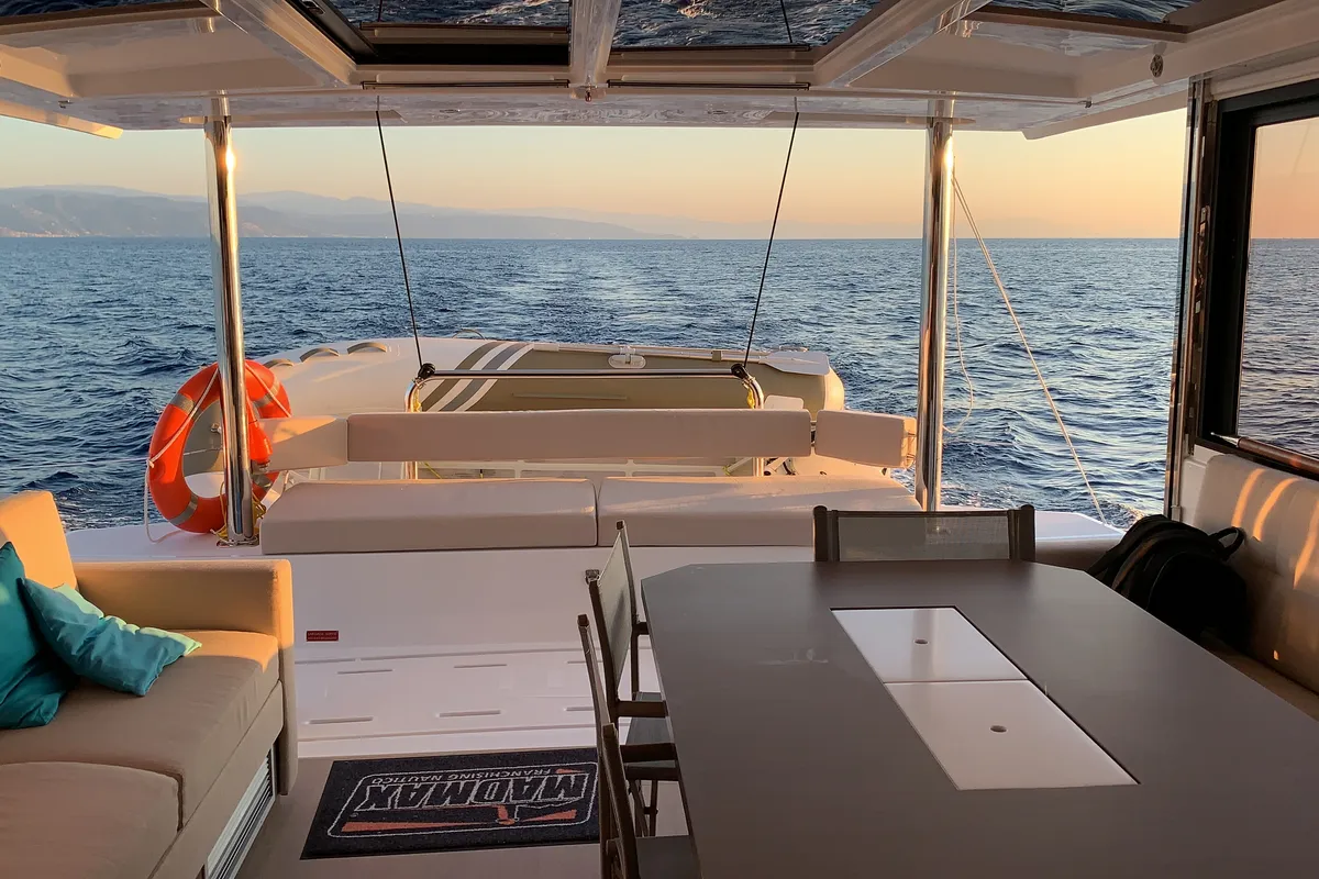 Deck of Migaloo, a Bali 4.6 catamaran at Capo d'Orlando, Italy