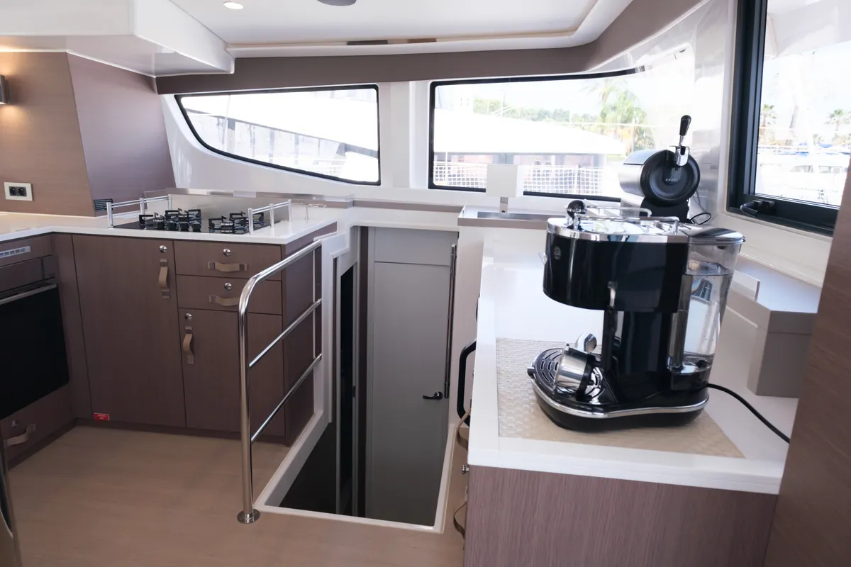 Galley of Migaloo, a Bali 4.6 catamaran at Capo d'Orlando, Italy