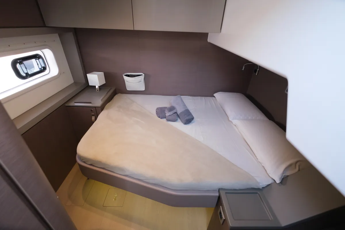 Cabin on Migaloo, a Bali 4.6 catamaran at Capo d'Orlando, Italy