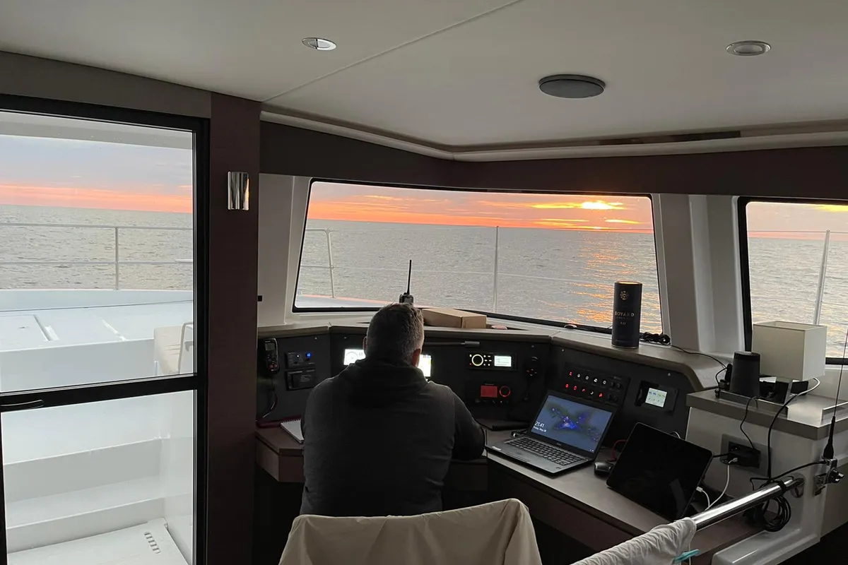Cockpit of Migaloo, a Bali 4.6 catamaran at Capo d'Orlando, Italy