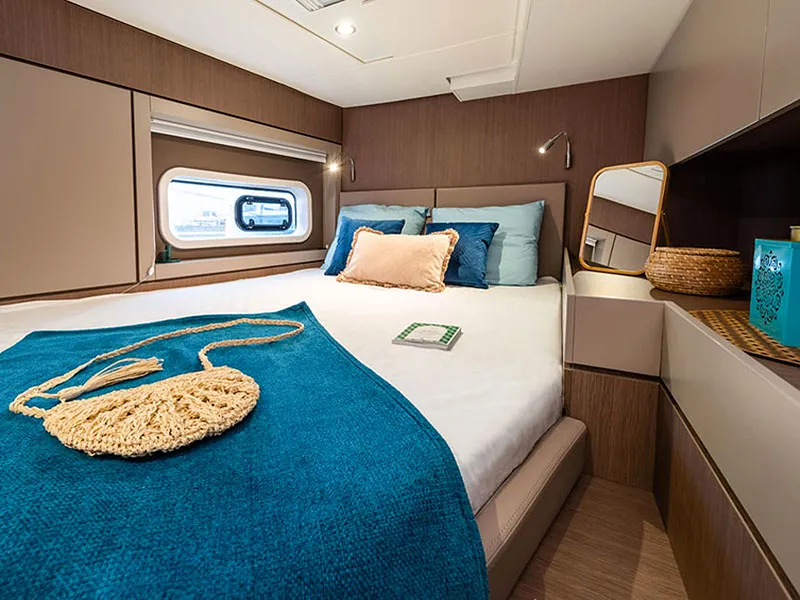 Cabin on Migaloo, a Bali 4.6 catamaran at Capo d'Orlando, Italy