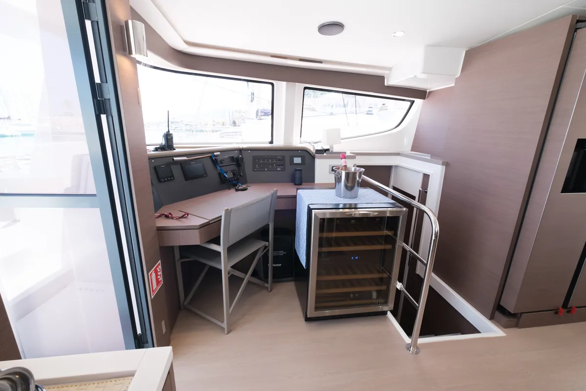 Cockpit of Migaloo, a Bali 4.6 catamaran at Capo d'Orlando, Italy