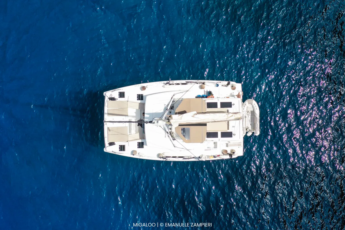 Exterior view of Migaloo, a Bali 4.6 catamaran at Capo d'Orlando, Italy