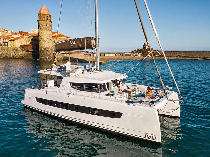 Exterior view of Migaloo, a Bali 4.6 catamaran at Capo d'Orlando, Italy