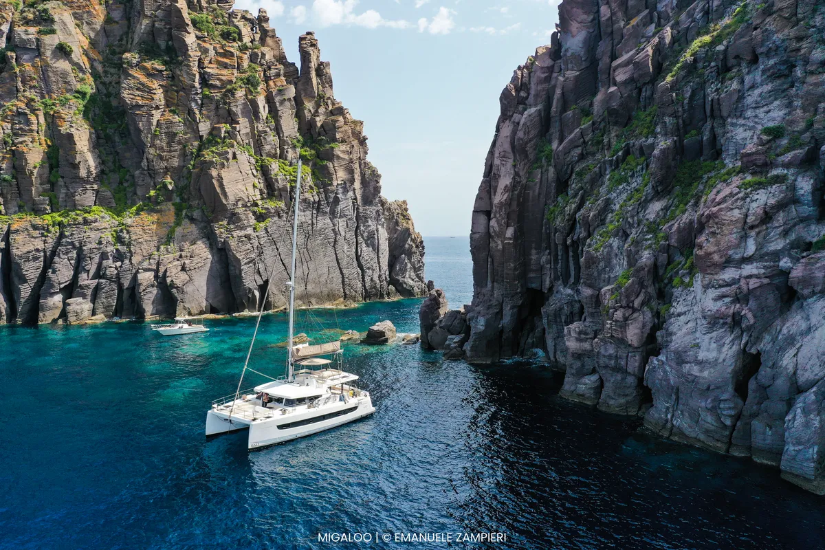 Exterior view of Migaloo, a Bali 4.6 catamaran at Capo d'Orlando, Italy