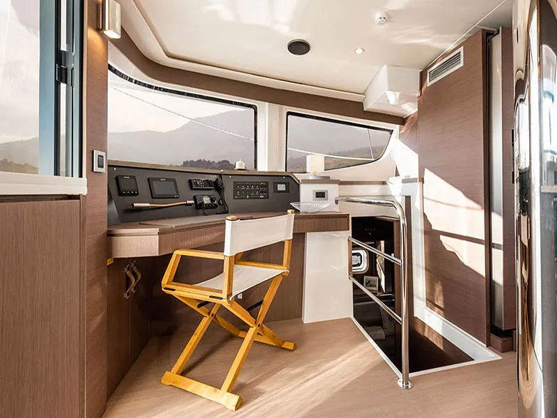 Cockpit of Migaloo, a Bali 4.6 catamaran at Capo d'Orlando, Italy