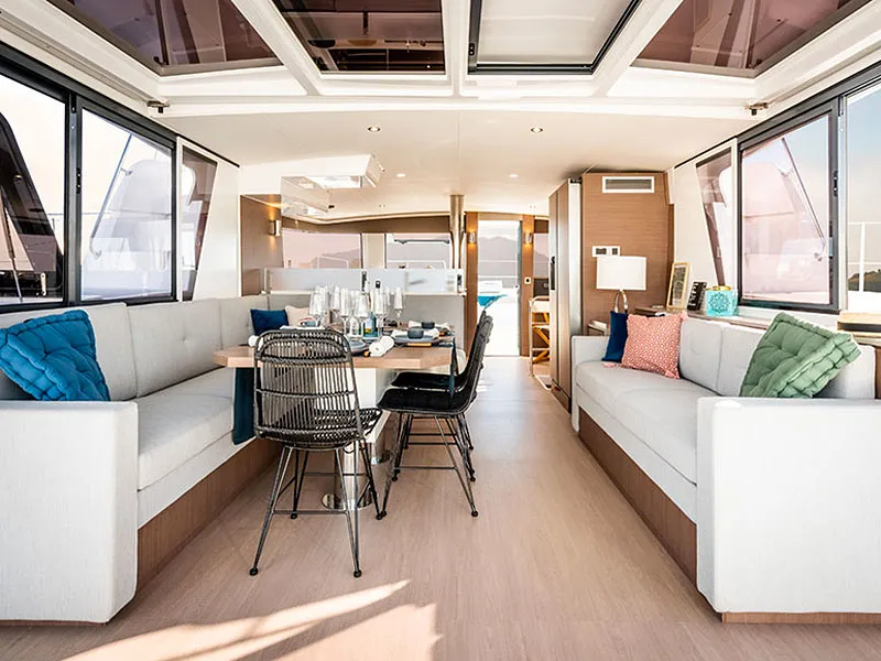 Salon of Migaloo, a Bali 4.6 catamaran at Capo d'Orlando, Italy