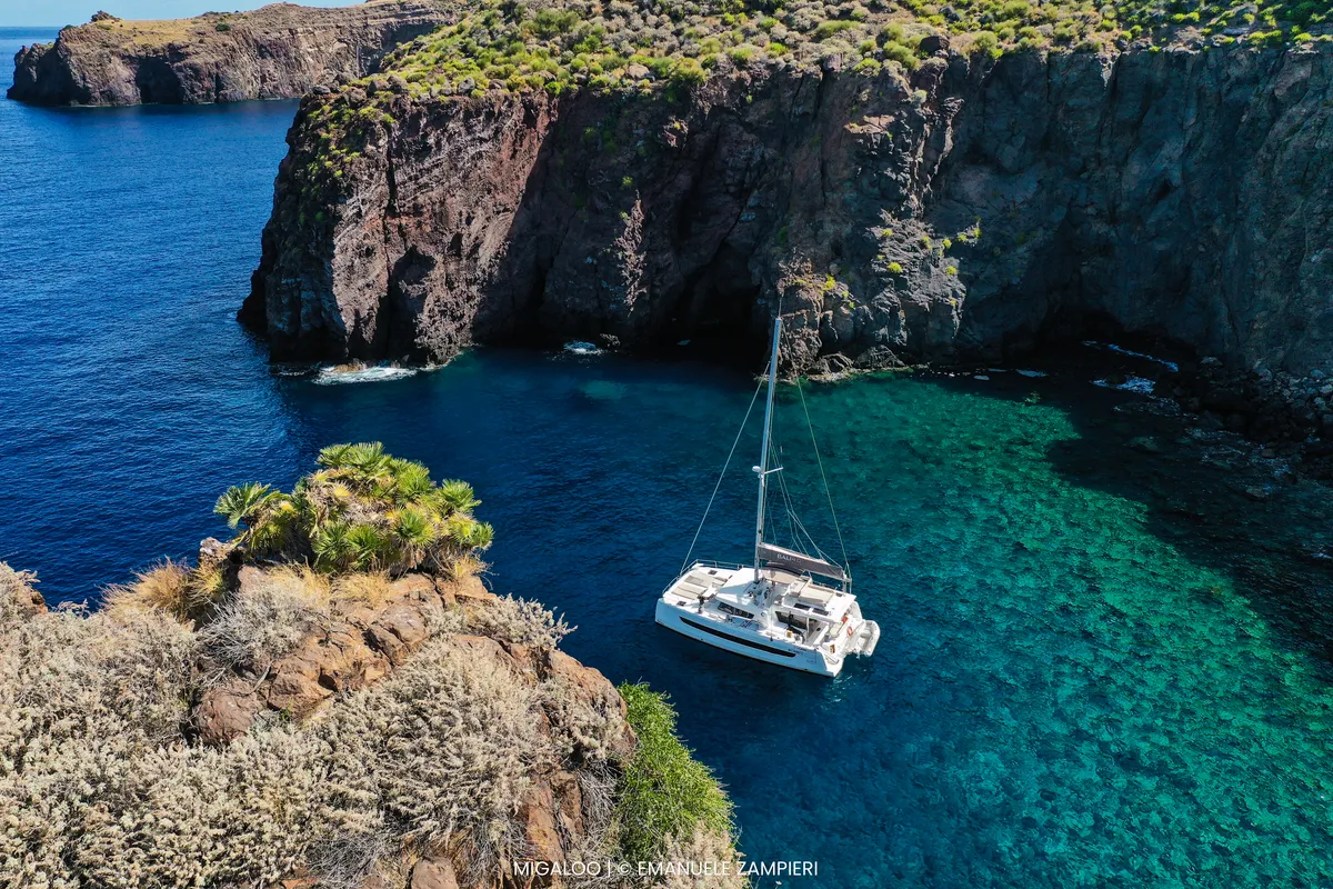 Exterior view of Migaloo, a Bali 4.6 catamaran at Capo d'Orlando, Italy