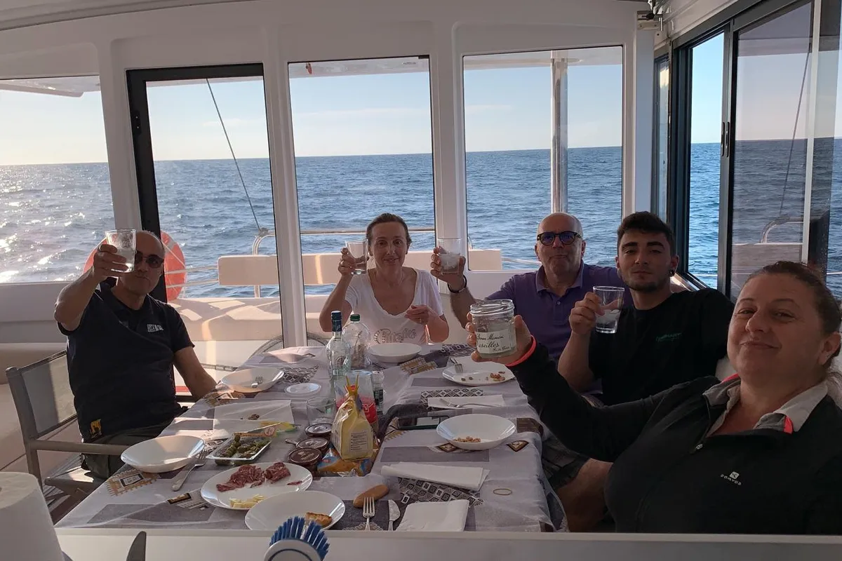 Salon of Migaloo, a Bali 4.6 catamaran at Capo d'Orlando, Italy