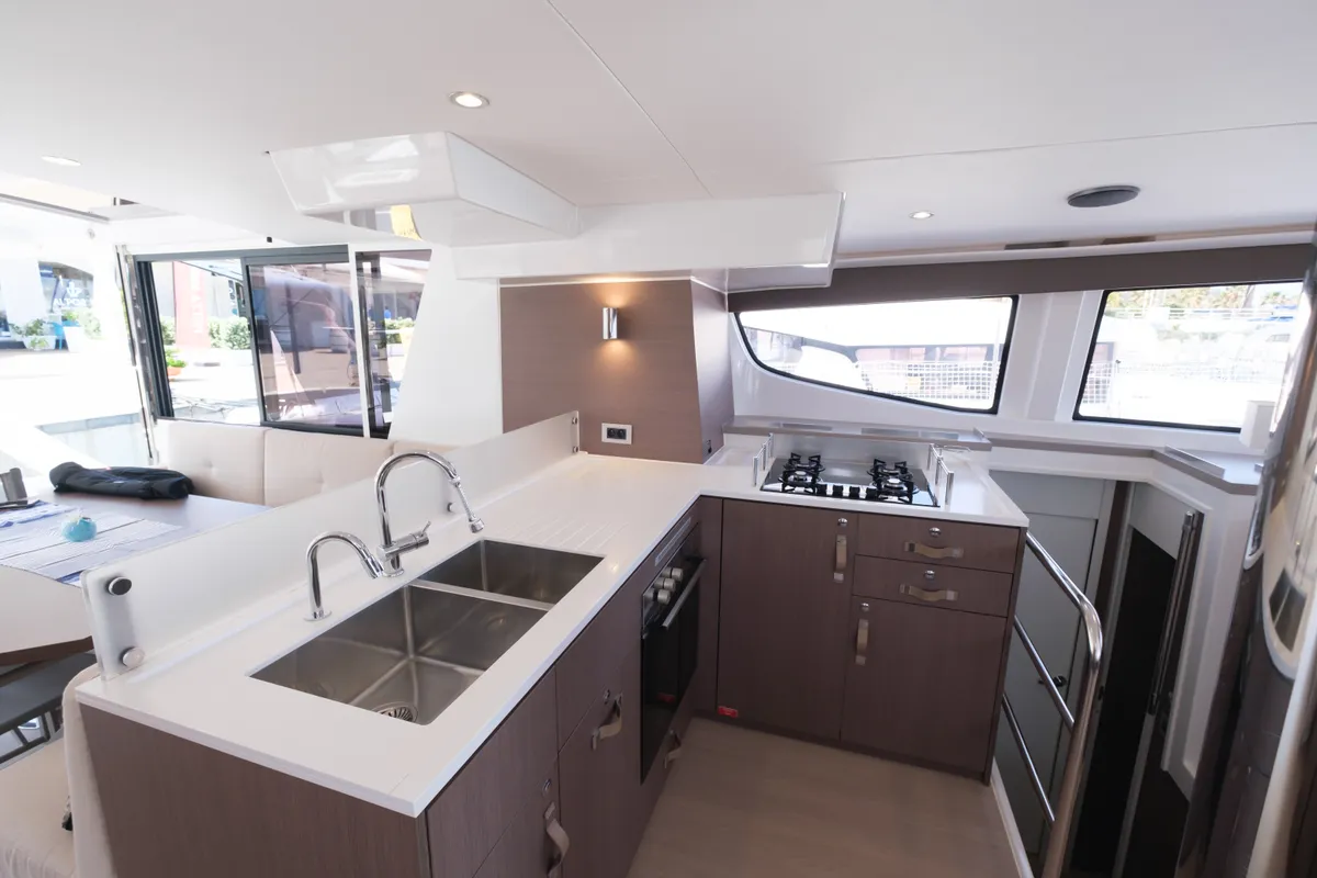 Galley of Migaloo, a Bali 4.6 catamaran at Capo d'Orlando, Italy