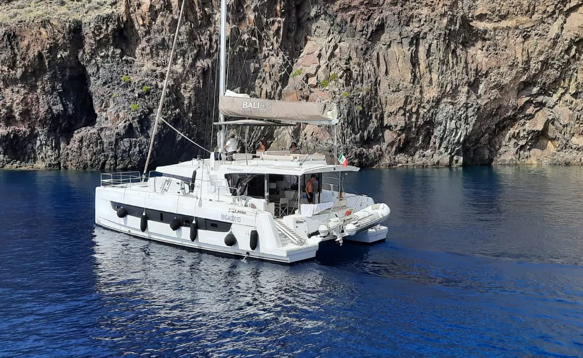 Exterior view of Migaloo, a Bali 4.6 catamaran at Capo d'Orlando, Italy