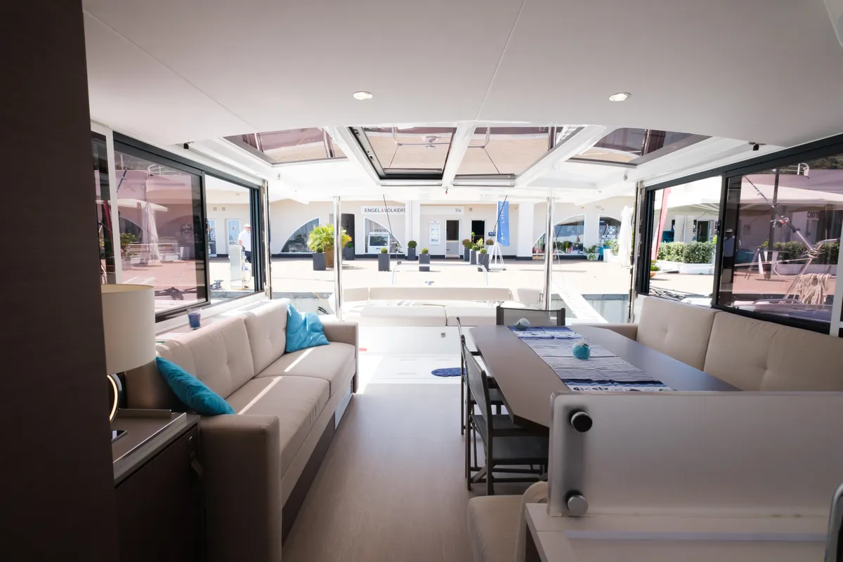 Salon of Migaloo, a Bali 4.6 catamaran at Capo d'Orlando, Italy