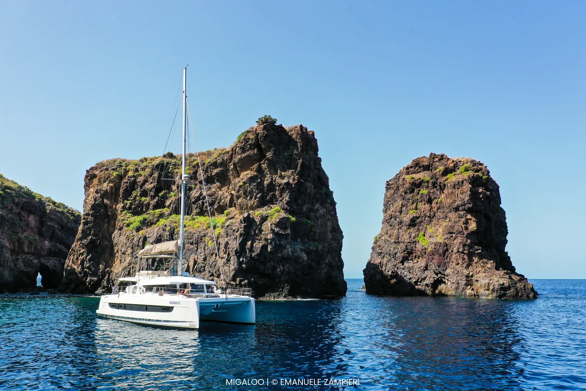 Exterior view of Migaloo, a Bali 4.6 catamaran at Capo d'Orlando, Italy