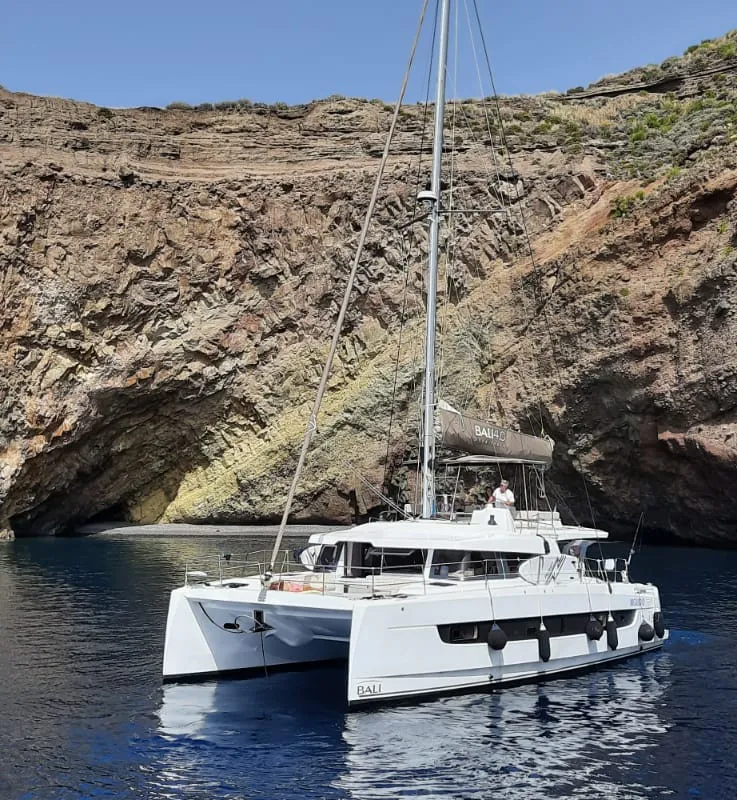 Exterior view of Migaloo, a Bali 4.6 catamaran at Capo d'Orlando, Italy