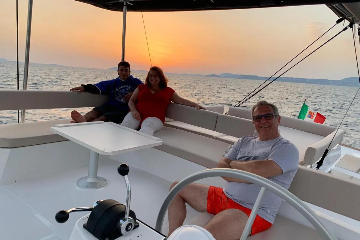 Cockpit of Migaloo, a Bali 4.6 catamaran at Capo d'Orlando, Italy