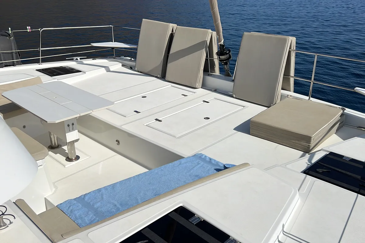 Deck of Migaloo, a Bali 4.6 catamaran at Capo d'Orlando, Italy