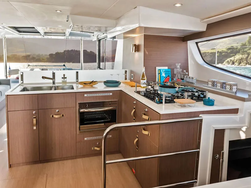 Galley of Migaloo, a Bali 4.6 catamaran at Capo d'Orlando, Italy
