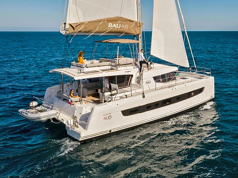 Exterior view of Migaloo, a Bali 4.6 catamaran at Capo d'Orlando, Italy