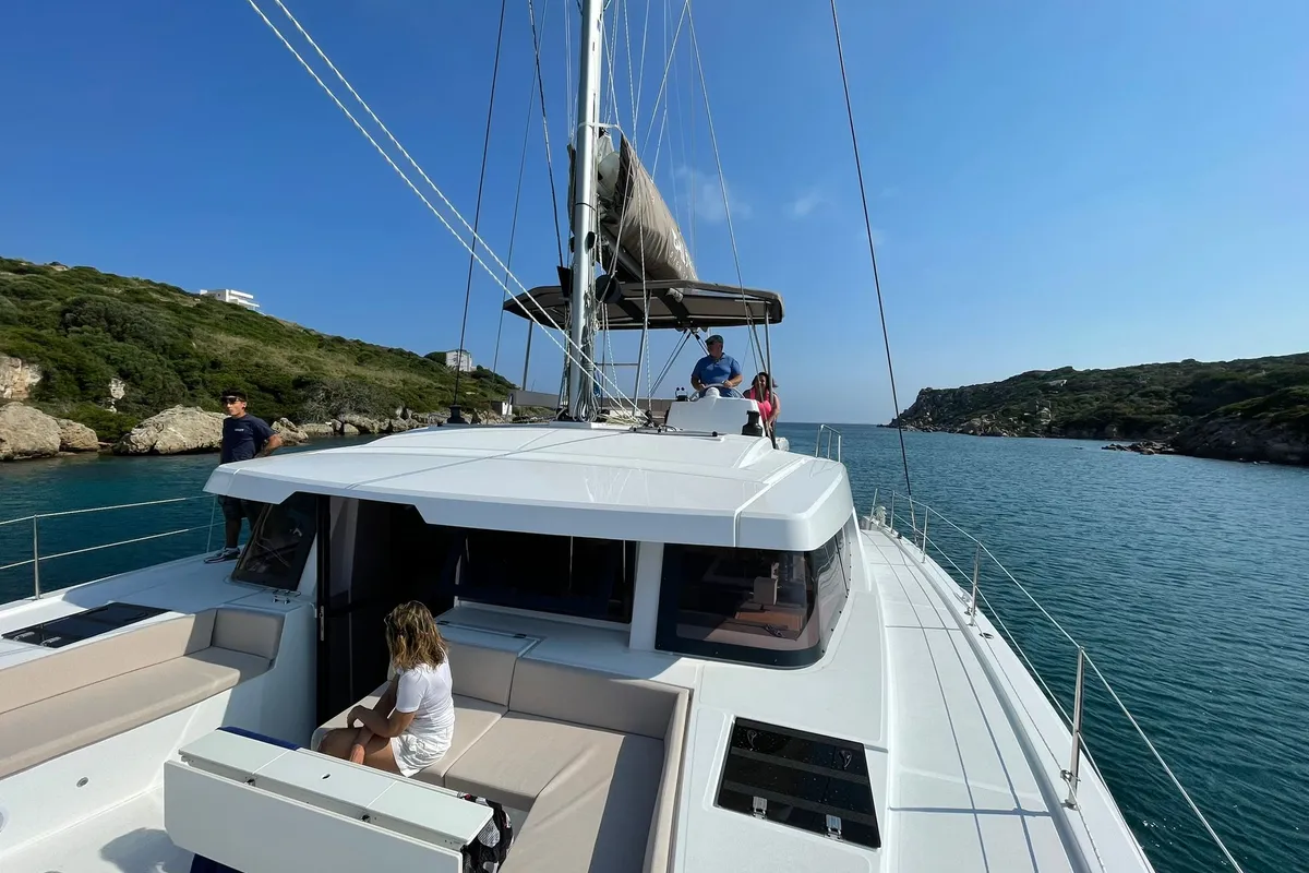 Deck of Migaloo, a Bali 4.6 catamaran at Capo d'Orlando, Italy