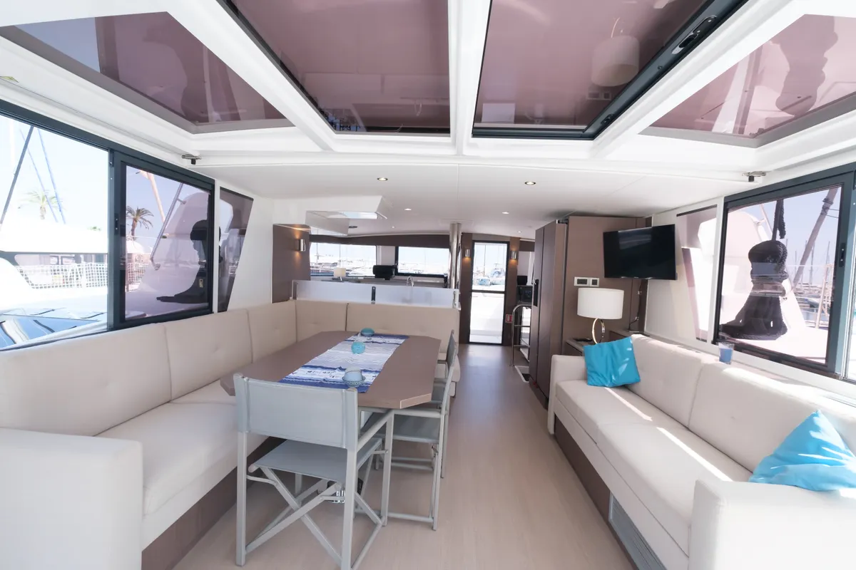 Salon of Migaloo, a Bali 4.6 catamaran at Capo d'Orlando, Italy