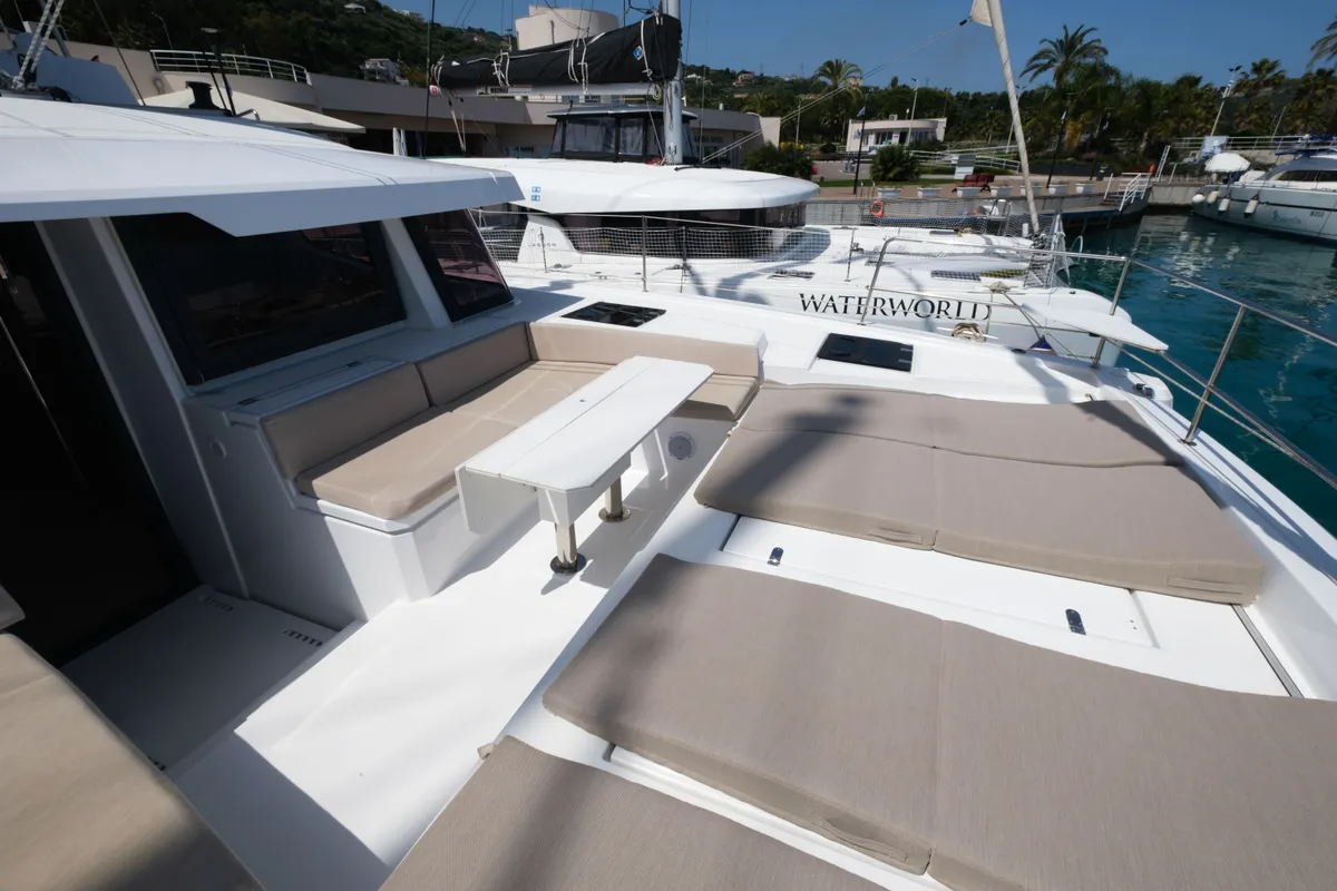 Deck of Migaloo, a Bali 4.6 catamaran at Capo d'Orlando, Italy
