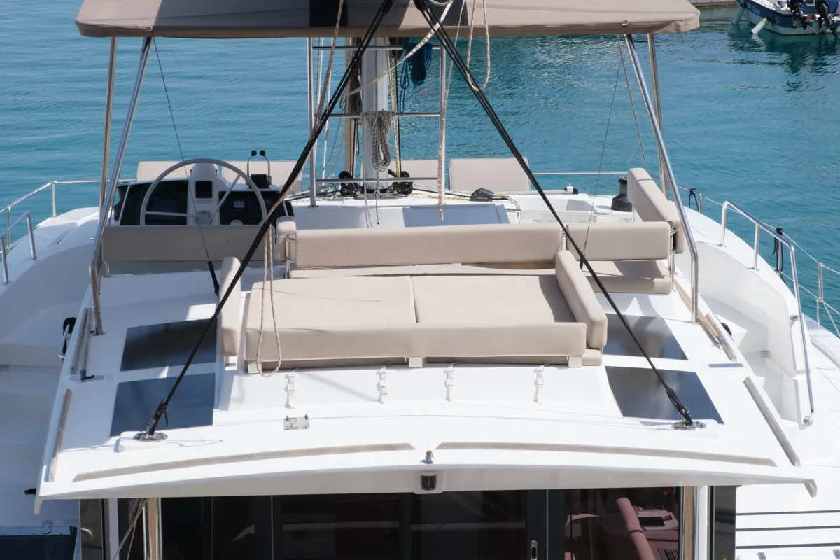 Deck of Migaloo, a Bali 4.6 catamaran at Capo d'Orlando, Italy
