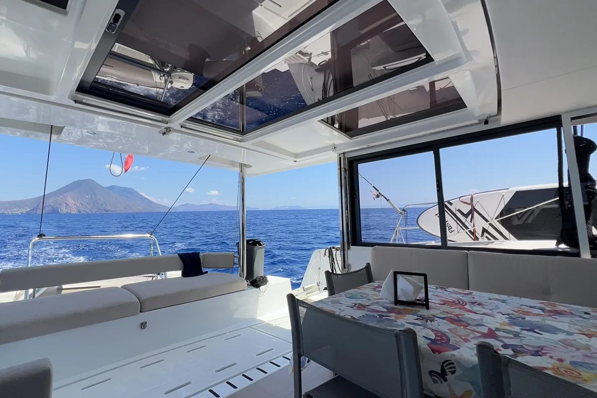 Deck of Migaloo, a Bali 4.6 catamaran at Capo d'Orlando, Italy