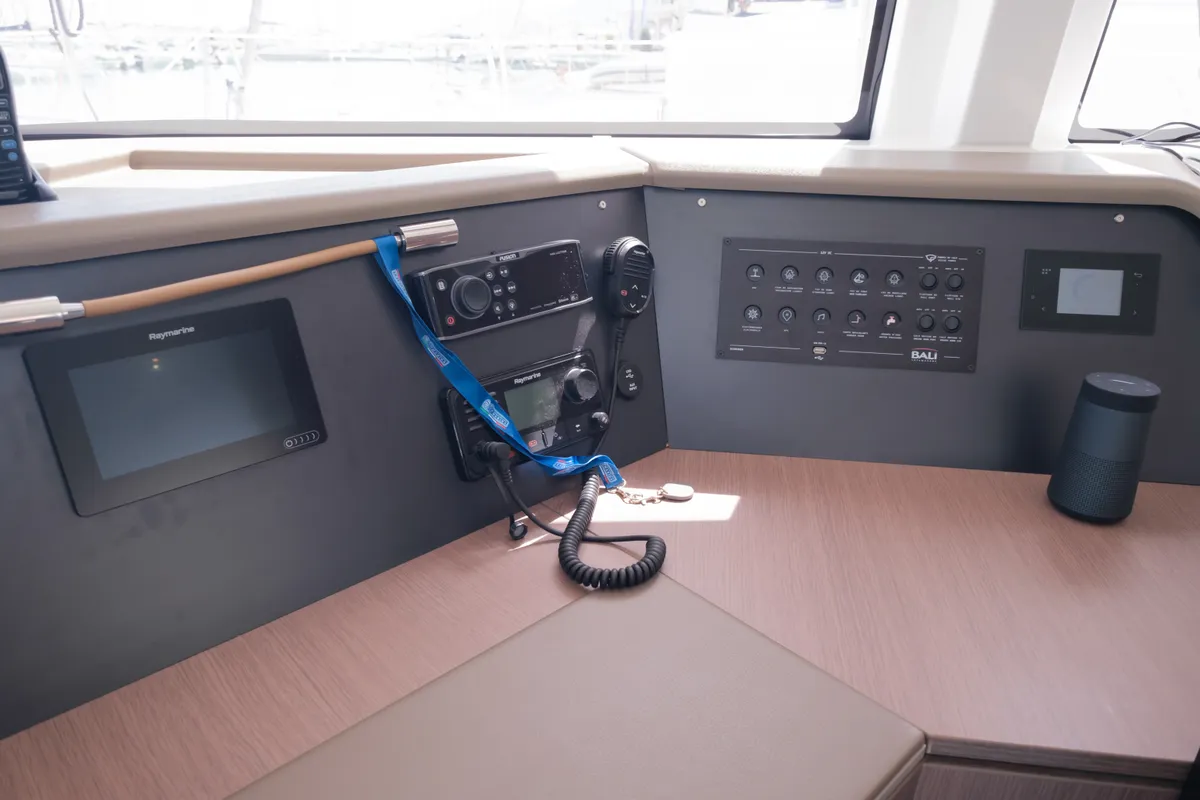 Cockpit of Migaloo, a Bali 4.6 catamaran at Capo d'Orlando, Italy