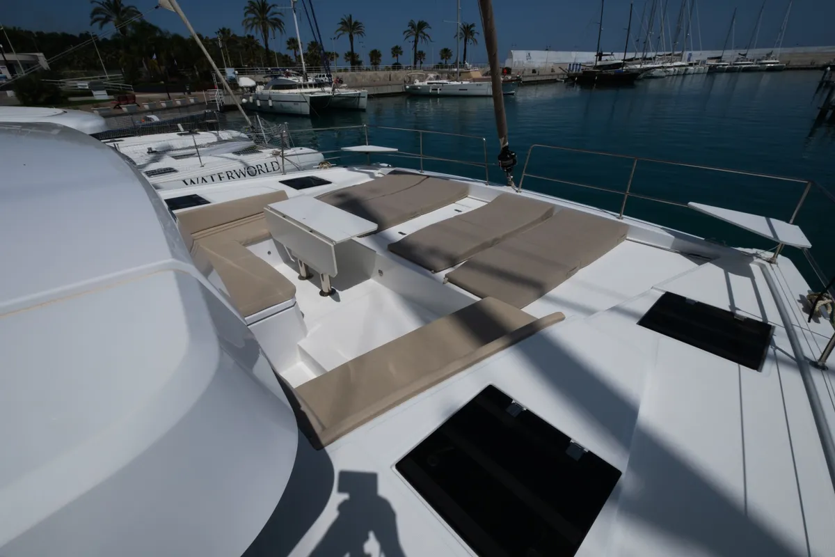 Deck of Migaloo, a Bali 4.6 catamaran at Capo d'Orlando, Italy