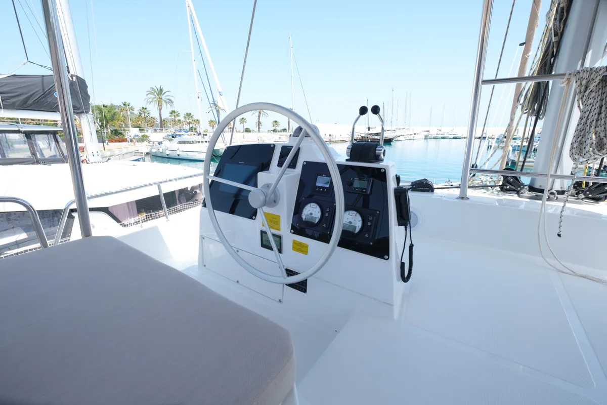 Cockpit of Migaloo, a Bali 4.6 catamaran at Capo d'Orlando, Italy