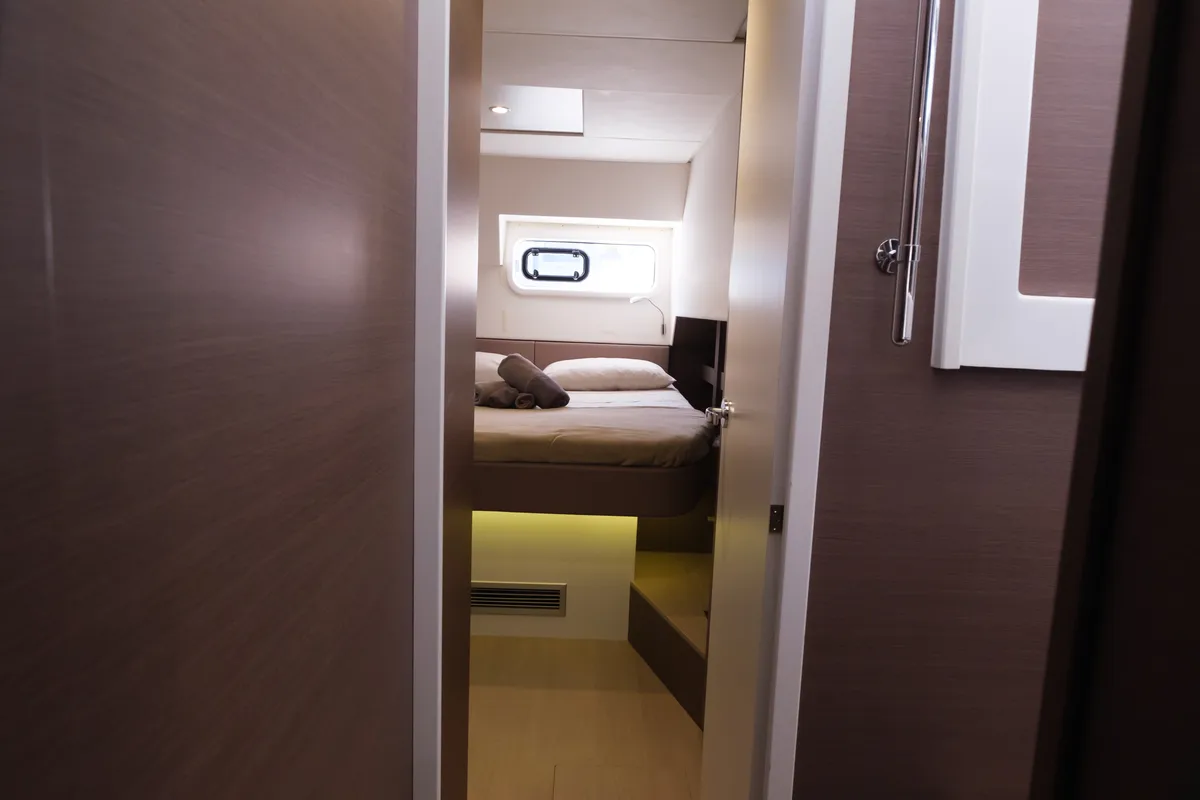Cabin on Migaloo, a Bali 4.6 catamaran at Capo d'Orlando, Italy
