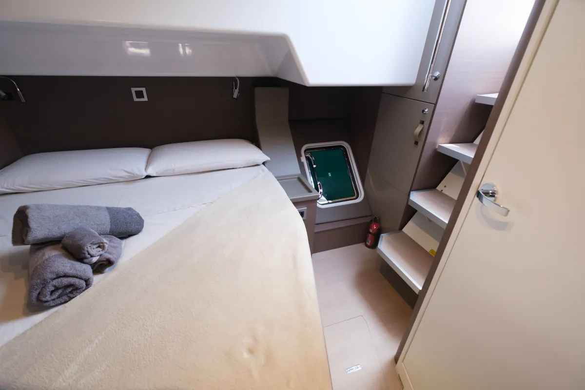 Cabin on Migaloo, a Bali 4.6 catamaran at Capo d'Orlando, Italy