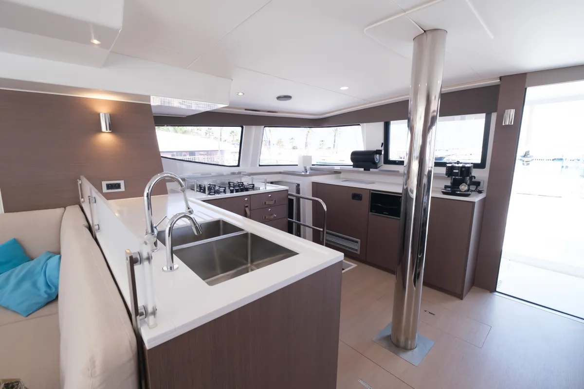 Galley of Migaloo, a Bali 4.6 catamaran at Capo d'Orlando, Italy