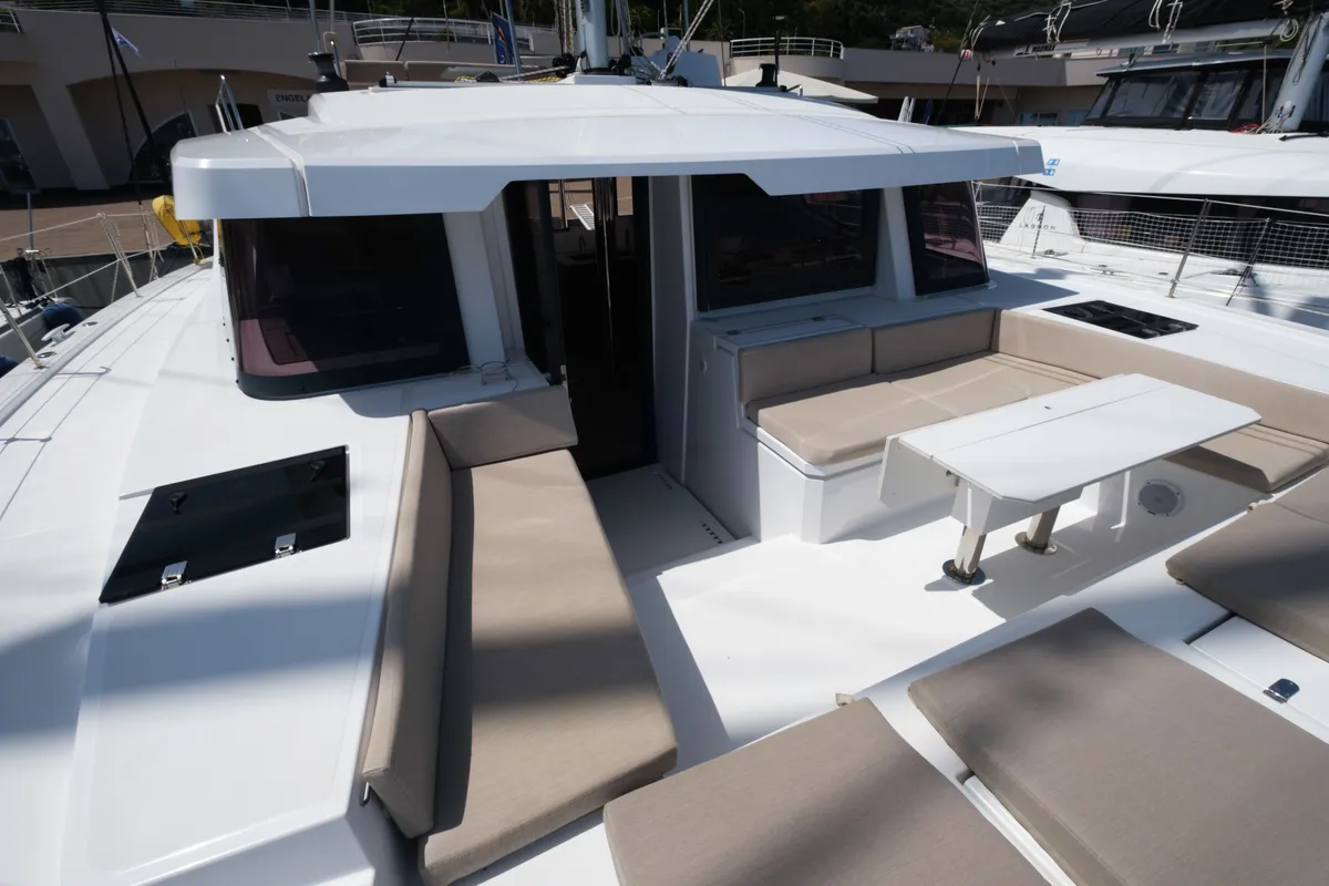 Deck of Migaloo, a Bali 4.6 catamaran at Capo d'Orlando, Italy