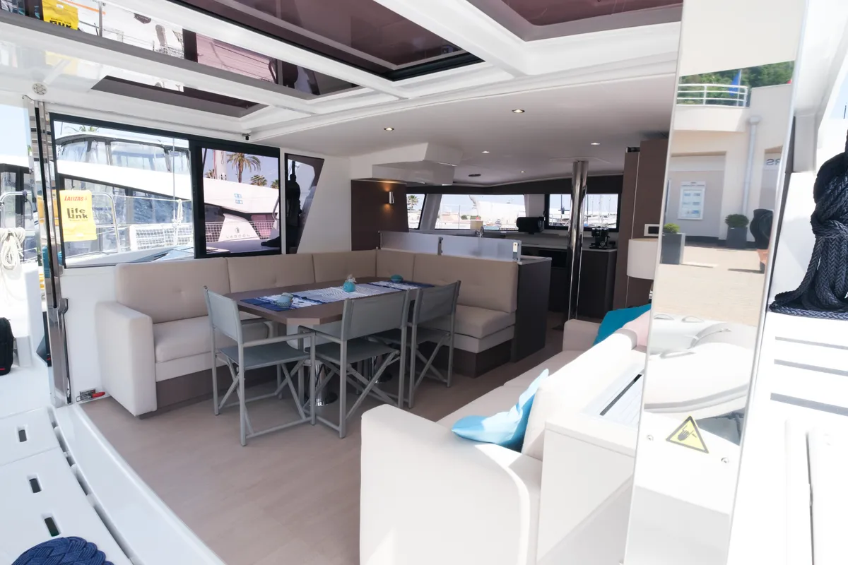 Salon of Migaloo, a Bali 4.6 catamaran at Capo d'Orlando, Italy