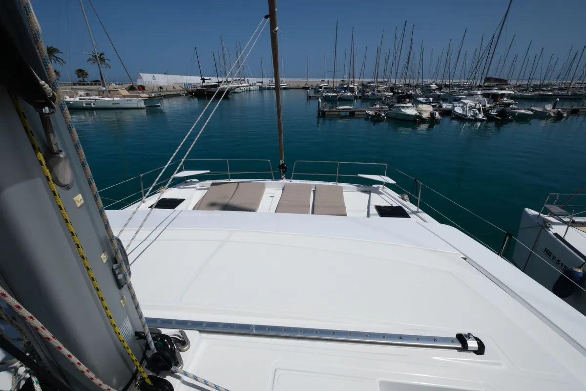 Deck of Migaloo, a Bali 4.6 catamaran at Capo d'Orlando, Italy