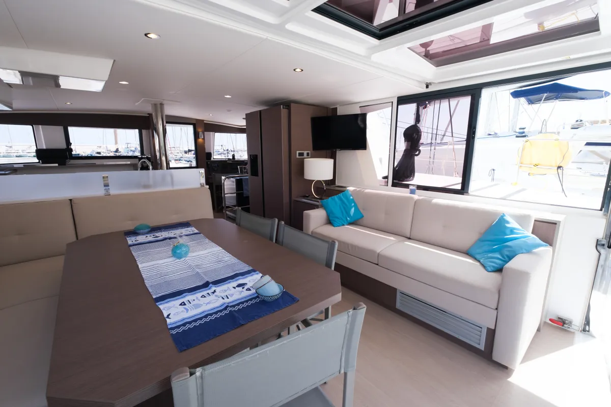 Salon of Migaloo, a Bali 4.6 catamaran at Capo d'Orlando, Italy