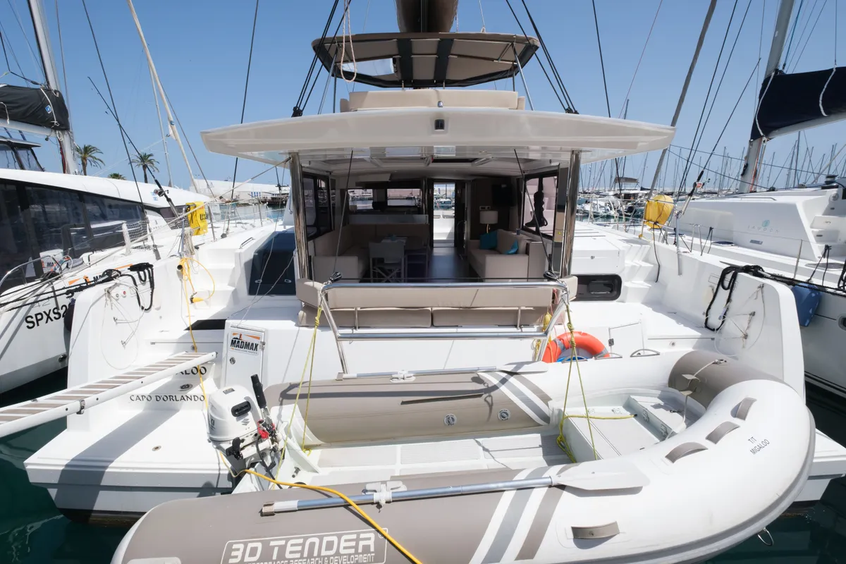 Exterior view of Migaloo, a Bali 4.6 catamaran at Capo d'Orlando, Italy
