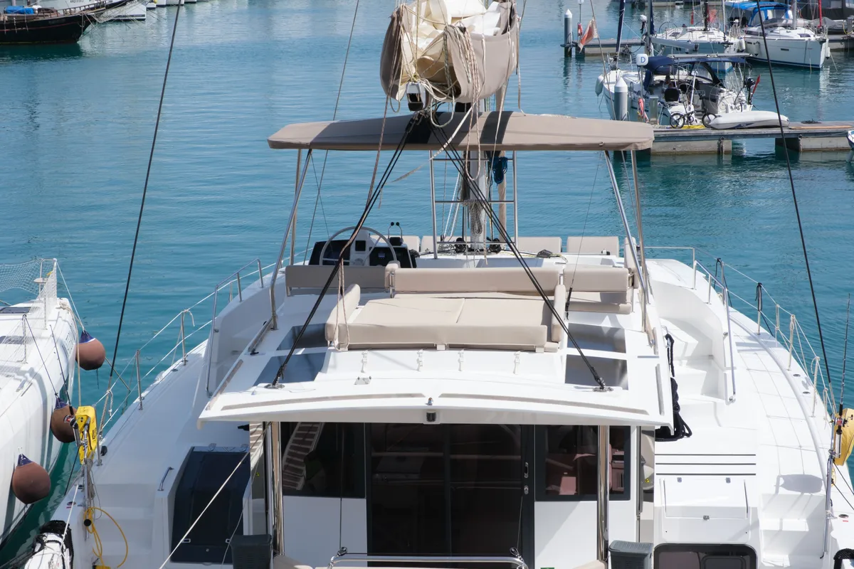 Deck of Migaloo, a Bali 4.6 catamaran at Capo d'Orlando, Italy