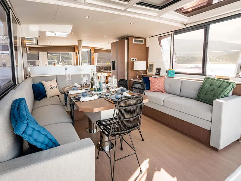 Salon of Migaloo, a Bali 4.6 catamaran at Capo d'Orlando, Italy