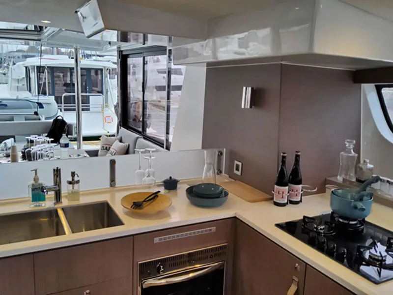 Galley of Migaloo, a Bali 4.6 catamaran at Capo d'Orlando, Italy