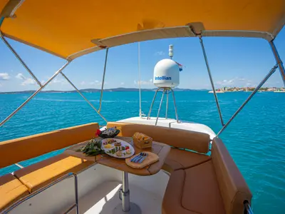 Deck of Lamona, a Beneteau Monte Carlo 47 Fly motor yacht at Općina Sukošan, Croatia