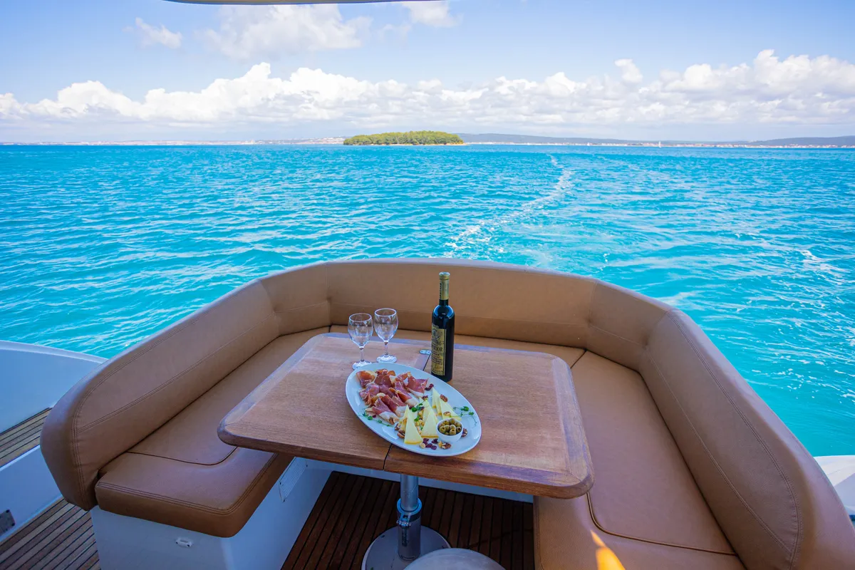 Deck of Lamona, a Beneteau Monte Carlo 47 Fly motor yacht at Općina Sukošan, Croatia