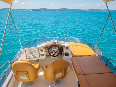 Cockpit of Lamona, a Beneteau Monte Carlo 47 Fly motor yacht at Općina Sukošan, Croatia