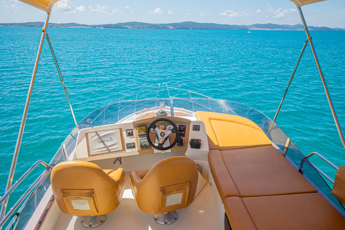 Cockpit of Lamona, a Beneteau Monte Carlo 47 Fly motor yacht at Općina Sukošan, Croatia