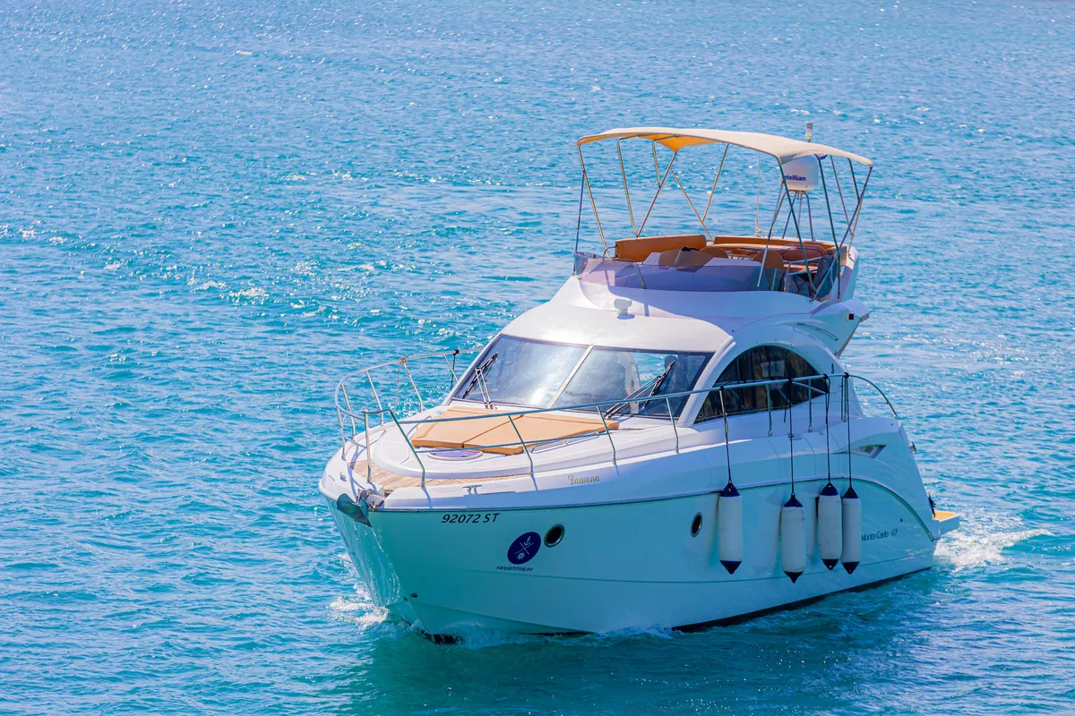Exterior view of Lamona, a Beneteau Monte Carlo 47 Fly motor yacht at Općina Sukošan, Croatia