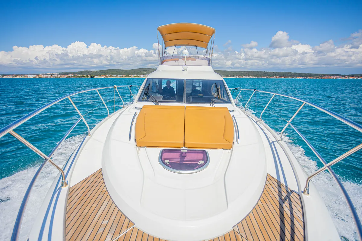 Deck of Lamona, a Beneteau Monte Carlo 47 Fly motor yacht at Općina Sukošan, Croatia