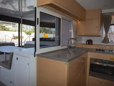 Galley of Satyam Melody, a Lagoon 450 Sport catamaran at Piraeus, Greece